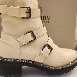 Kenneth Cole Reaction Boots Size 6 Ivory Tate Biker Jewel Faux Leather. NIB